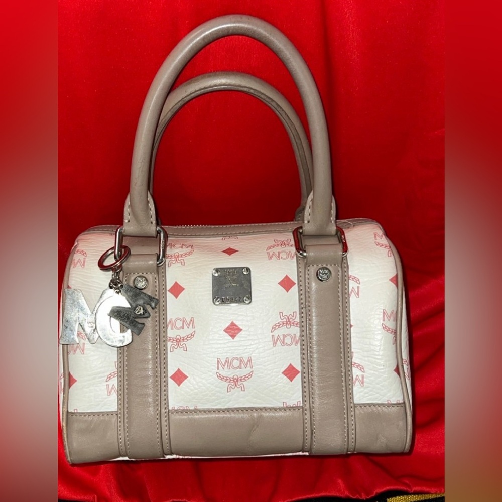 MCM Visetos Tan:Red:White Leather Satchel Bag: Boston Speedy Handbags & Purses